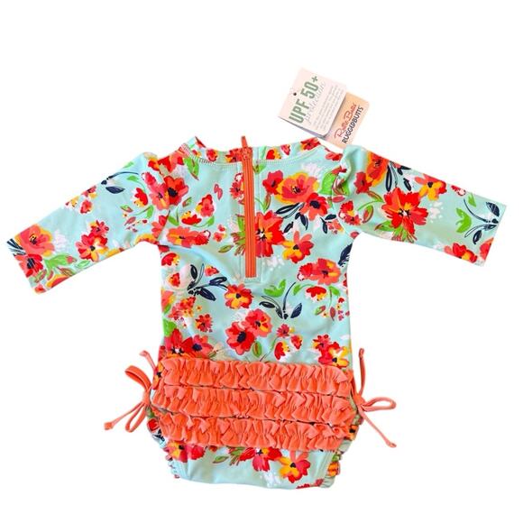 Ruffle Butts Painted Flowers Long Sleeve One-Piece Rashguard Swimsuit Size 0-3 M - Picture 5 of 8